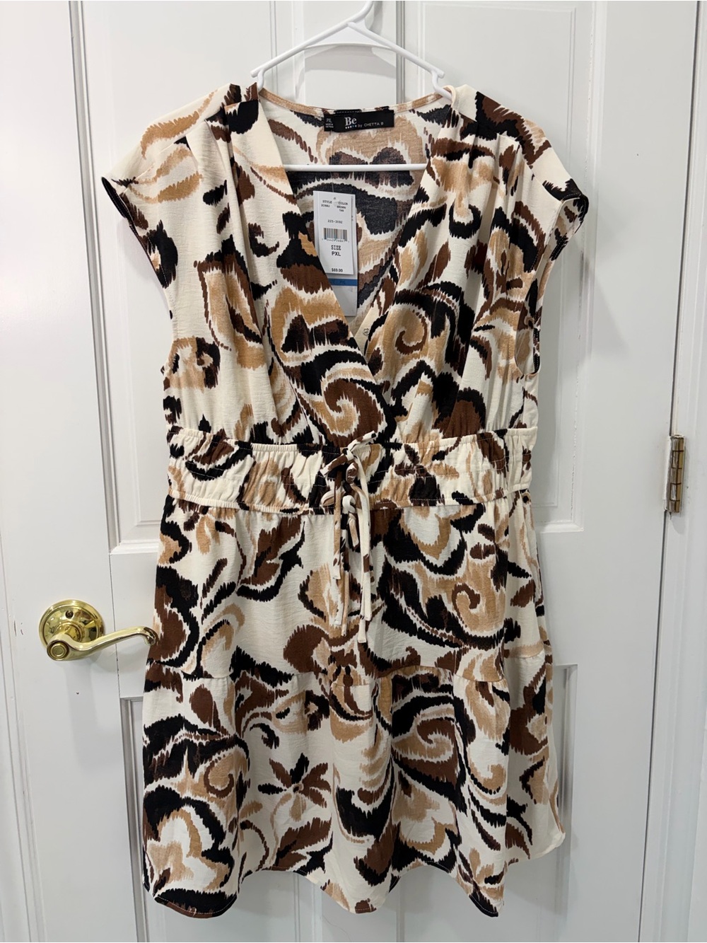 Chetta B Brown and Cream Floral V-Neck Drawstring Tunic - Picture 2 of 5